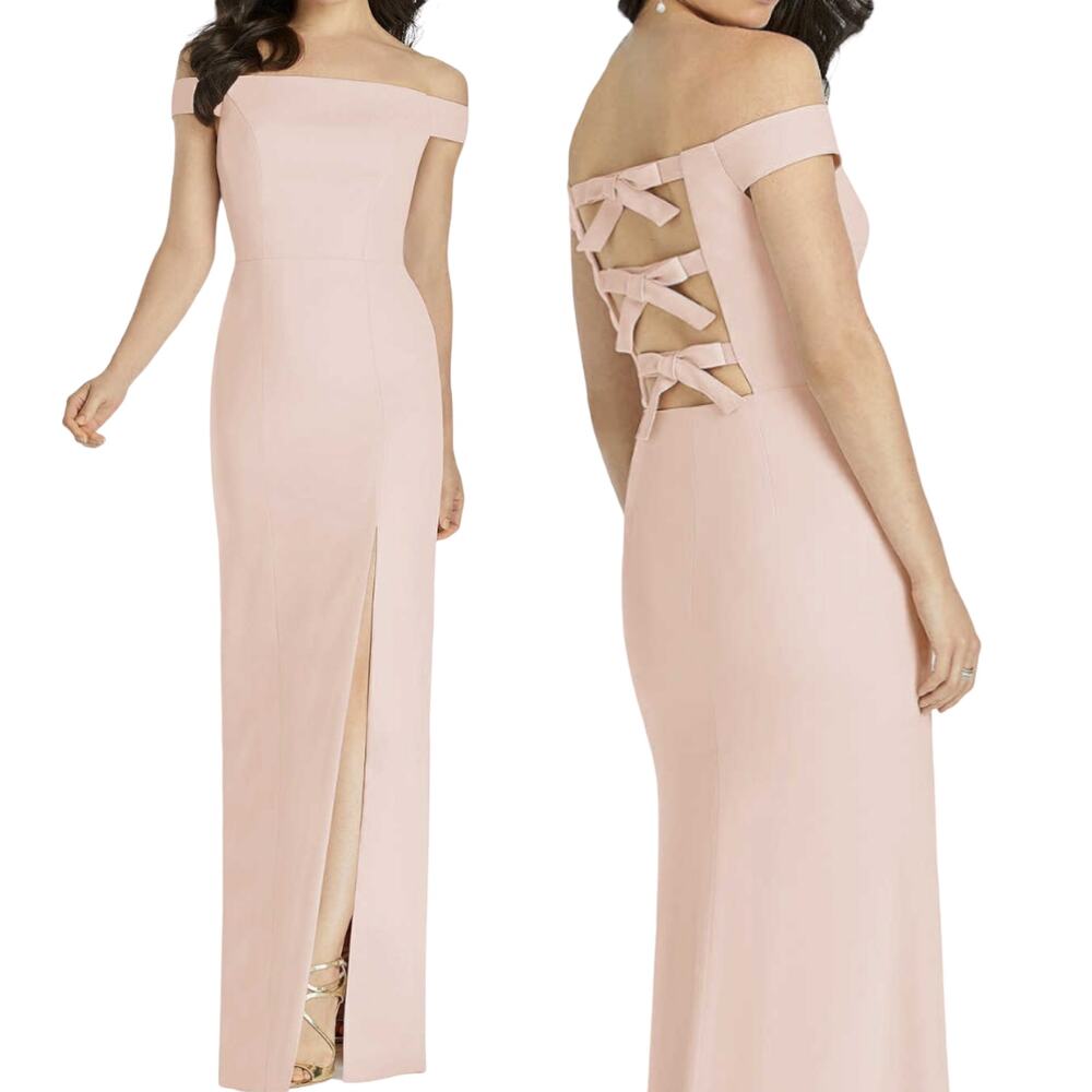 Dessy Collection Formal Gown Maxi Dress Bow Back Cut Out Off Shoulder Cameo 10